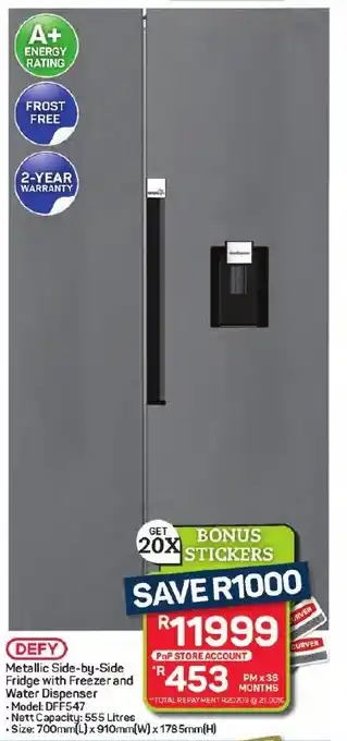 Pick n Pay Hypermarket DEFY Metallic Side-by-Side Fridge with Freezer and Water Dispenser offer