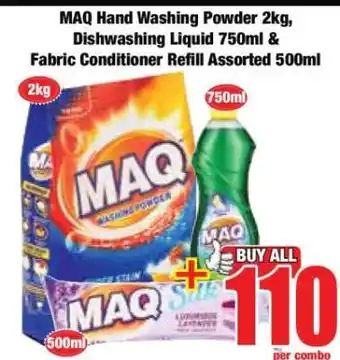 Boxer MAQ Hand Washing Powder 2kg, Dishwashing Liquid 750ml & Fabric Conditioner Refill Assorted 500ml offer