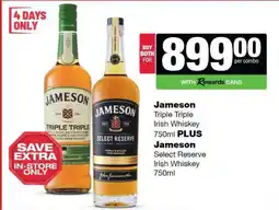 Spar Tops Jameson Triple Triple Irish Whiskey 750ml PLUS Jameson Select Reserve Irish Whiskey 750ml offer