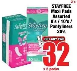 Boxer STAYFREE Maxi Pads Assorted 8's / 10's / Pantyliners 20's offer