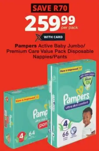 Checkers Pampers Active Baby Jumbo/ Premium Care Value Pack Disposable Nappies/ Pants offer