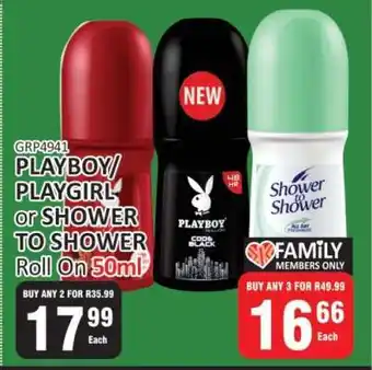 KitKat Cash and Carry PLAYBOY/PLAYGIRL or SHOWER TO SHOWER Roll On 50ml offer