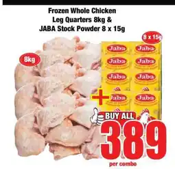 Boxer Frozen Whole Chicken Leg Quarters 8kg & JABA Stock Powder 8 x 15g offer