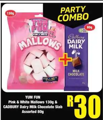 Boxer YUM FUN Pink & White Mallows 130g & CADBURY Dairy Milk Chocolate Slab Assorted 80g offer
