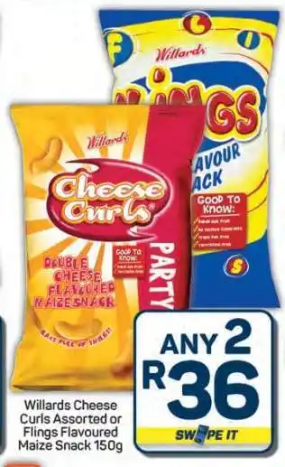 Pick n Pay Hypermarket Willards Cheese Curls Assorted or Flings Flavoured Maize Snack 150g offer