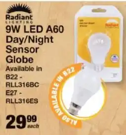 Mica Radiant Lighting 9W LED A60 Day/ Night Sensor Globe offer
