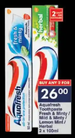 President Hyper Aquafresh Toothpaste Fresh & Minty/ Mild & Minty/ Lemon Mint/ Herbal offer