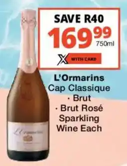 Checkers Liquor Shop L'Ormarins Cap Classique, Brut, Brut Rosé Sparkling Wine offer
