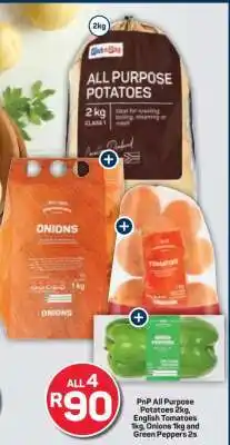 Pick n Pay PnP All Purpose Potatoes 2kg, English Tomatoes 1kg, Onions 1kg and Green Peppers 2s offer