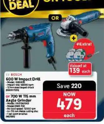Makro BOSCH 600 W Impact Drill or 700 W T15 mm Angle Grinder offer