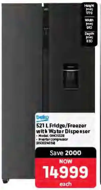 Makro Beko 521 L Fridge Freezer with Water Dispenser offer