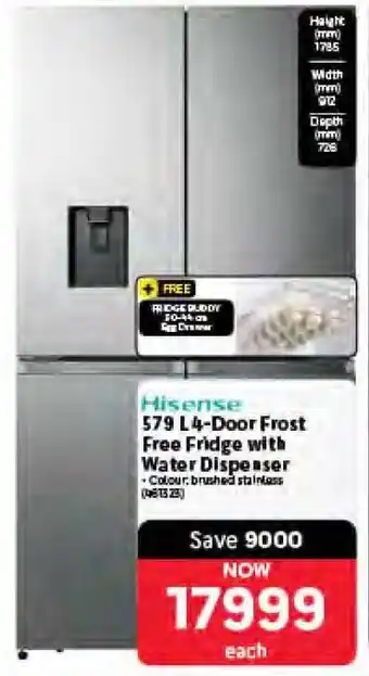 Makro Hisense 579 L 4-Door Frost Free Fridge with Water Dispenser offer