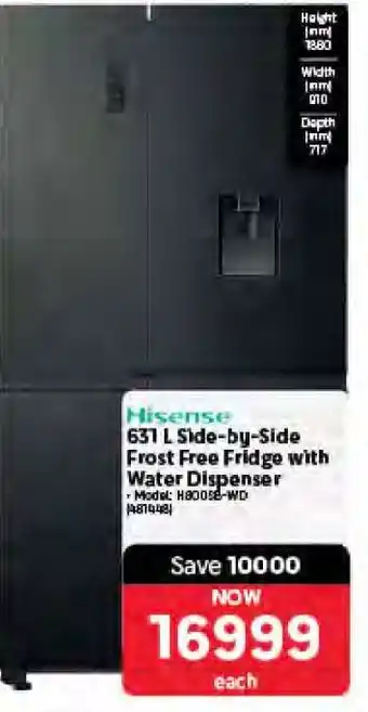 Makro Hisense 631 L Side-by-Side Frost-Free Fridge with Water Dispenser offer