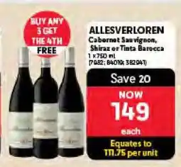Makro ALLESVERLOREN Cabernet Sauvignon, Shiraz or Tinta Barocca offer