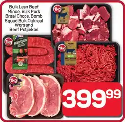 Pick n Pay Hypermarket Bulk Lean Beef Mince, Bulk Pork Braai Chops, Bomb Squad Bulk Oukraal Wors and Beef Potjiekos offer