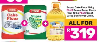 Game Econo Cake Flour 10 kg PLUS Econo Super Maize Meal 10 kg PLUS Great Value Sunflower Oil 5 L offer