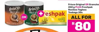 Game Frisco Original OR Granules 250 g PLUS Freshpak Rooibos Tagless Teabags 20s offer