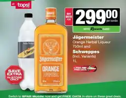 Spar Tops Jägermeister Orange Herbal Liqueur 750ml and Schweppes 1L offer