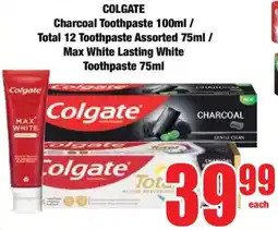 Boxer COLGATE Charcoal Toothpaste/ Total 12 Toothpaste Assorted/ Max White Lasting White Toothpaste offer
