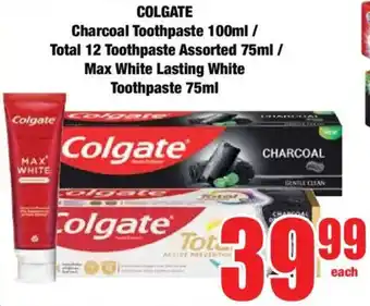 Boxer COLGATE Charcoal Toothpaste/ Total 12 Toothpaste Assorted/ Max White Lasting White Toothpaste offer