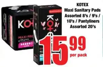 Boxer KOTEX Maxi Sanitary Pads Assorted/ Pantyliners Assorted offer