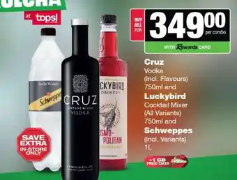 Cruz Vodka, Luckybird Cocktail Mixer, Schweppes