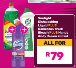 Game Sunlight Dishwashing Liquid PLUS Domestos Thick Bleach PLUS Handy Andy Cream 750 ml offer