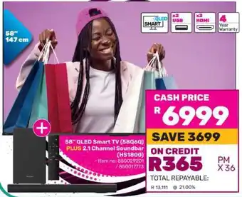 Game 58 QLED Smart TV (58Q6Q) PLUS 2.1 Channel Soundbar (HS1800) offer