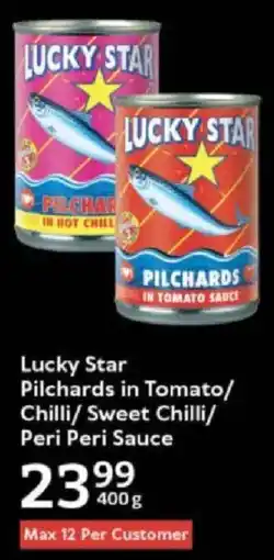 Oxford Freshmarket Lucky Star Pilchards in Tomato/ Chilli/ Sweet Chilli/ Peri Peri Sauce offer
