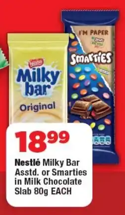 OK Foods Nestlé Milky Bar Asstd. or Smarties in Milk Chocolate Slab offer