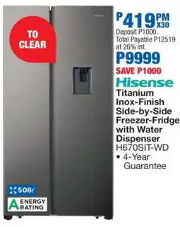OK Furniture Hisense Titanium Inox-Finish Side-by-Side Freezer-Fridge with Water Dispenser offer