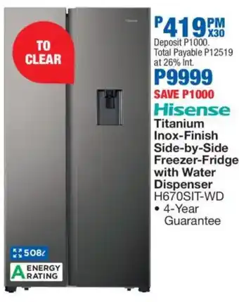 Hisense Titanium Inox-Finish Side-by-Side Freezer-Fridge with Water Dispenser