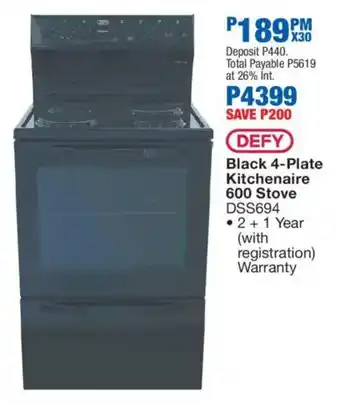 OK Furniture DEFY Black 4-Plate Kitchenaire 600 Stove offer