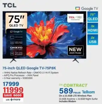 Incredible Connection TCL 75-inch QLED Google TV-75P8K offer