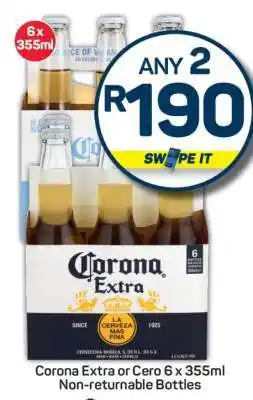 Pick n Pay Corona Extra or Cero 6 x 355ml Non-returnable Bottles offer