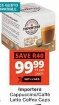 Importers Cappuccino/ Caffé Latte Coffee Caps offer at Checkers Hyper