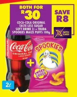 Shoprite COCA-COLA ORIGINAL TASTE LESS SUGAR SOFT DRINK 2L + TRUDA SPOOKIES MAIZE PUFFS 100g offer