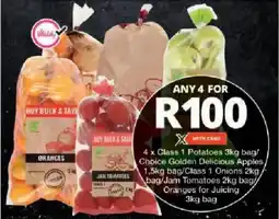 Checkers Class 1 Potatoes/ Choice Golden Delicious Apples/ Class 1 Onions/ Jam Tomatoes/ Oranges for Juicing offer
