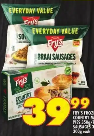 Shoprite Fry's frozen meat free country mushroom flavoured pies/ plant-based braai sausages/ soya mince offer