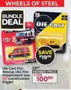 Dis-Chem Die Cast Fire Rescue 1:64 Fire Department Van Or Construction Digger-For 4 offer