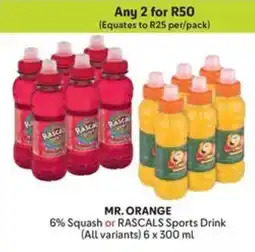 Makro MR. ORANGE 6% Squash or RASCALS Sports Drink offer