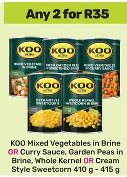 Game KOO Mixed Vegetables in Brine OR Curry Sauce, Garden Peas in Brine, Whole Kernel OR Cream Style Sweetcorn offer