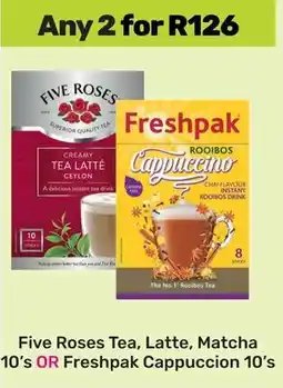 Game Five Roses Tea, Latte, Matcha OR Freshpak Cappuccion offer