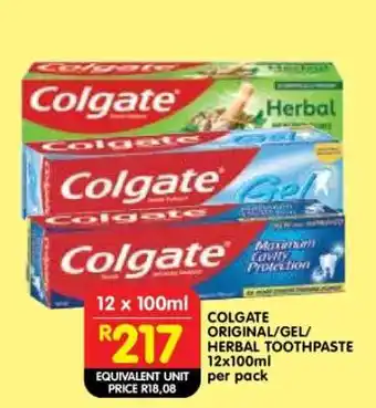 Shoprite COLGATE ORIGINAL/GEL/HERBAL TOOTHPASTE 12x100ml offer