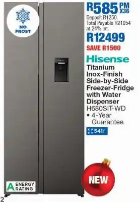 OK Furniture Hisense Titanium Inox-Finish Side-by-Side Freezer-Fridge with Water Dispenser H680SIT-WD offer