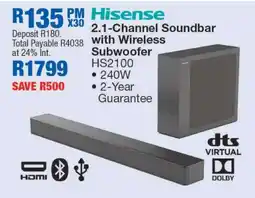 OK Furniture Hisense 2.1 Channel Soundbar With Wireless Subwoofer offer