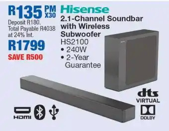 OK Furniture Hisense 2.1 Channel Soundbar With Wireless Subwoofer offer