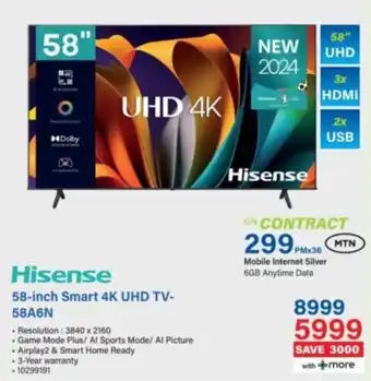 Incredible Connection Hisense 58-inch Smart 4K UHD TV-58A6N offer