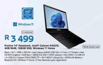 Computer Mania Proline 14" Notebook, Intel Celeron N4020, 4GB RAM, 128GB SSD, Windows 11 Home offer