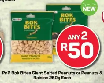 Pick n Pay PnP Bok Bites Giant Salted Peanuts or Peanuts & Raisins 250g Each offer